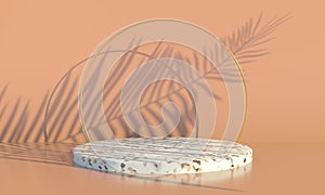 Podium with palm leaves on pastel background. Concept scene stage showcase for product, promotion, sale, banner, presentation,