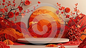 Podium and paper cut background for Chinese new year,Chinese Festivals, Mid Autumn Festival