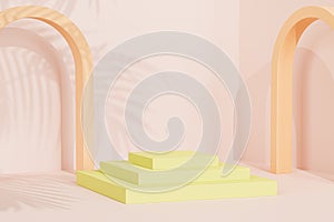 Podium or pedestal with arch for products or advertising on pastel beige background with tropical leaf shadow, 3d illustration