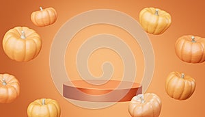 Podium or pedestal with flying pumpkins for products display or advertising for autumn holidays on orange background, 3d render