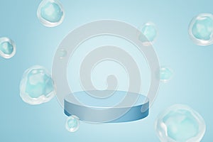 Podium or pedestal for products or advertising with bubbles on pastel blue background, 3d render