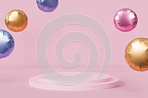 Podium or pedestal for products or advertising with shiny balloons on pink pastel background, 3d render