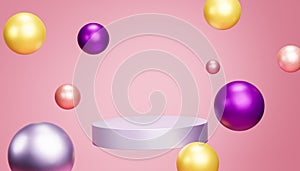 Podium or pedestal for products or advertising with spheres on pastel pink background, 3d render