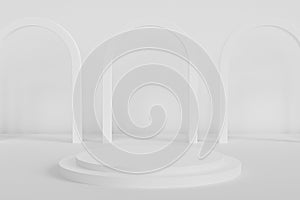 Podium or pedestal for products or advertising on white background with arch, minimal 3d render