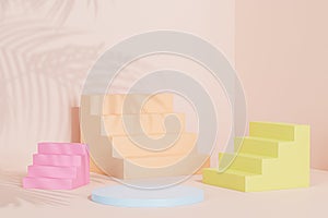 Podium or pedestal with stairs for products or advertising on pastel beige background with tropical leaf shadow, 3d illustration