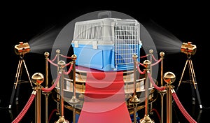 Podium with pet travel plastic cage, 3D rendering
