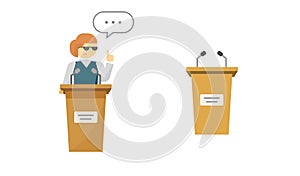 Podium public icon vector isolated and president woman leader on pulpit rostrum speaking flat graphic, teacher lecturer or