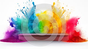 Podium with rainbow color powder chalk explosion in the back. Isolated on white background