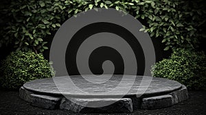 Podium on a rock platform surrounded by lush greenery in a dark setting