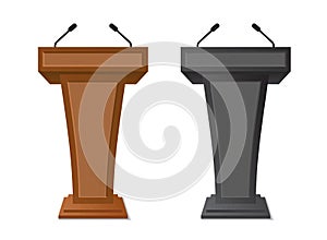 Podium rostrum with microphone for debate, speech, press conference, dispute, audience. Podium tribune with empty place for