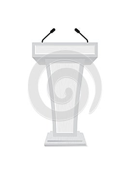 Podium rostrum with microphone for debate, speech, press conference, dispute, audience. Podium tribune with empty place for