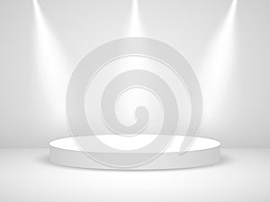 Podium round with light. White realistic stage with spotlights. illuminated circle with shadow. White 3d pedestal or