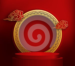 Podium round. Red stage podium. Chinese new year, Chinese Festivals, Mid Autumn Festival. Vector illustration