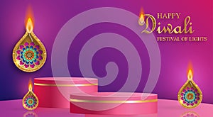 Podium round stage style, for Diwali, Deepavali or Dipavali, the indian festival of lights with Diya lamp, fire lighting and orien