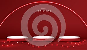 Podium shape for show cosmetic product display for christmas day or new years. Stand product showcase on red background with