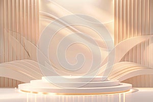 podium showcase with elegant golden line motifs and a shimmering wave display, creating a timeless backdrop. Generative