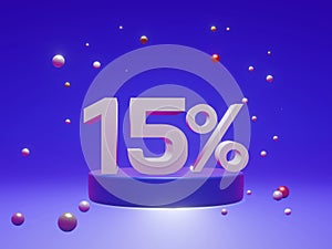 The podium shows up to 15% off discount concept banners, promotional sales, and super shopping offer banners. 3D rendering
