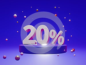 The podium shows up to 20% off discount concept banners, promotional sales, and super shopping offer banners. 3D rendering