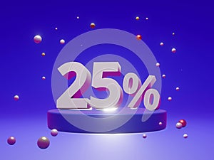 The podium shows up to 25% off discount concept banners, promotional sales, and super shopping offer banners. 3D rendering
