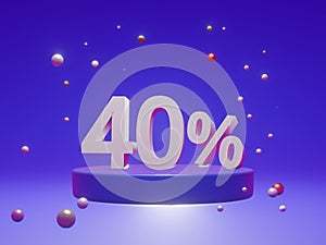 The podium shows up to 40% off discount concept banners, promotional sales, and super shopping offer banners. 3D rendering