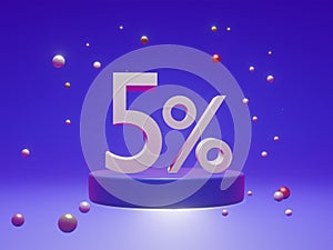 The podium shows up to 5% off discount concept banners, promotional sales, and super shopping offer banners. 3D rendering