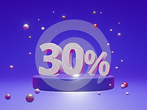 The podium shows up to 5% off discount concept banners, promotional sales, and super shopping offer banners. 3D rendering