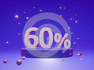 The podium shows up to 60% off discount concept banners, promotional sales, and super shopping offer banners. 3D rendering