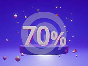 The podium shows up to 70% off discount concept banners, promotional sales, and super shopping offer banners. 3D rendering