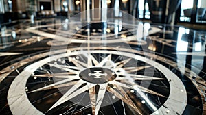 The podium sits atop a polished black and white marble floor mirroring the elegant design of the ships ballrooms with photo