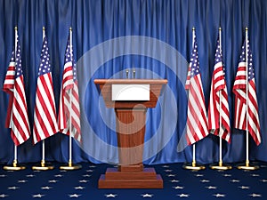 Podium speaker tribune with USA flags. Briefing of president of