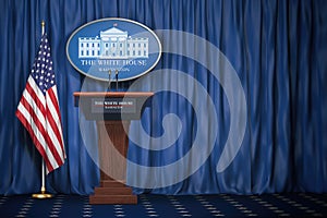 Podium speaker tribune with USA flags and sign of White House wi