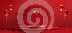 Podium stage chinese style for chinese new year and festivals or mid autumn festival with red background. mock up stage with