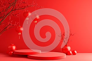 Podium or stage for product demonstration Chinese new year on red background