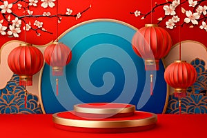 Podium or stage for product demonstration Chinese new year on red background
