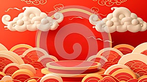 Podium or stage for product demonstration Chinese new year on red background