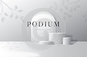 Podium stand, 3d white studio stage for product presentation. Minimal platform, pedestal and ach frame, cylinder display
