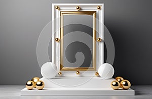 The podium is white with a gold frame and balls on a gray background