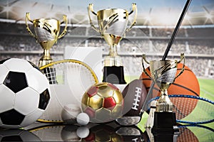 Podium, Winner trophy, Sport equipment and balls