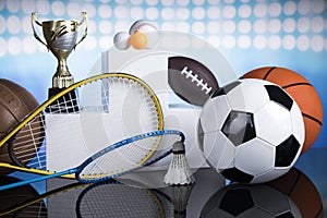 Podium, Winner trophy, Sport equipment and balls