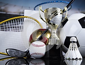 Podium, Winner trophy, Sport equipment and balls