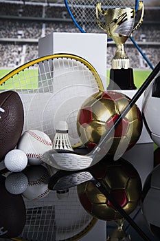 Podium, Winner trophy, Sport equipment and balls