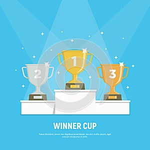 Podium winners. Gold, silver and bronze cups on podium. Vector illustration in flat style photo