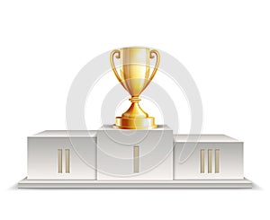 Podium winners with Golden trophy cup isolated on white background. Vector illustration