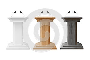 Podium wooden and white empty Tribune Set. Debate Podium Stand With Microphones mockup isolated. Illustration for