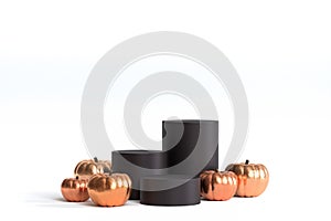 Podiums or pedestals with golden pumpkins for products display or advertising for autumn holidays, 3d render