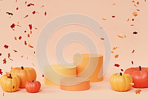 Podiums or pedestals with pumpkins for products display or advertising for autumn holidays on beige background, 3d render