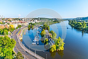 Podoli Quarter and Vltava River. Aerial view from Vysehrad, Prague, Czech Republic