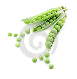 Pods with fresh green peas on white background