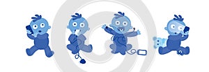 Set of blue toddlers on white. Baby using technology. Child with the Internet and smartphone adiction problems, Vector Illustratio photo