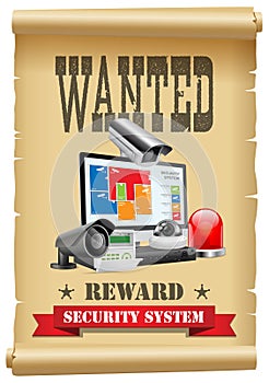 Security wanted concept - cctv camera and DVR as modern protection system  -  arrest warrant poster with security devices photo